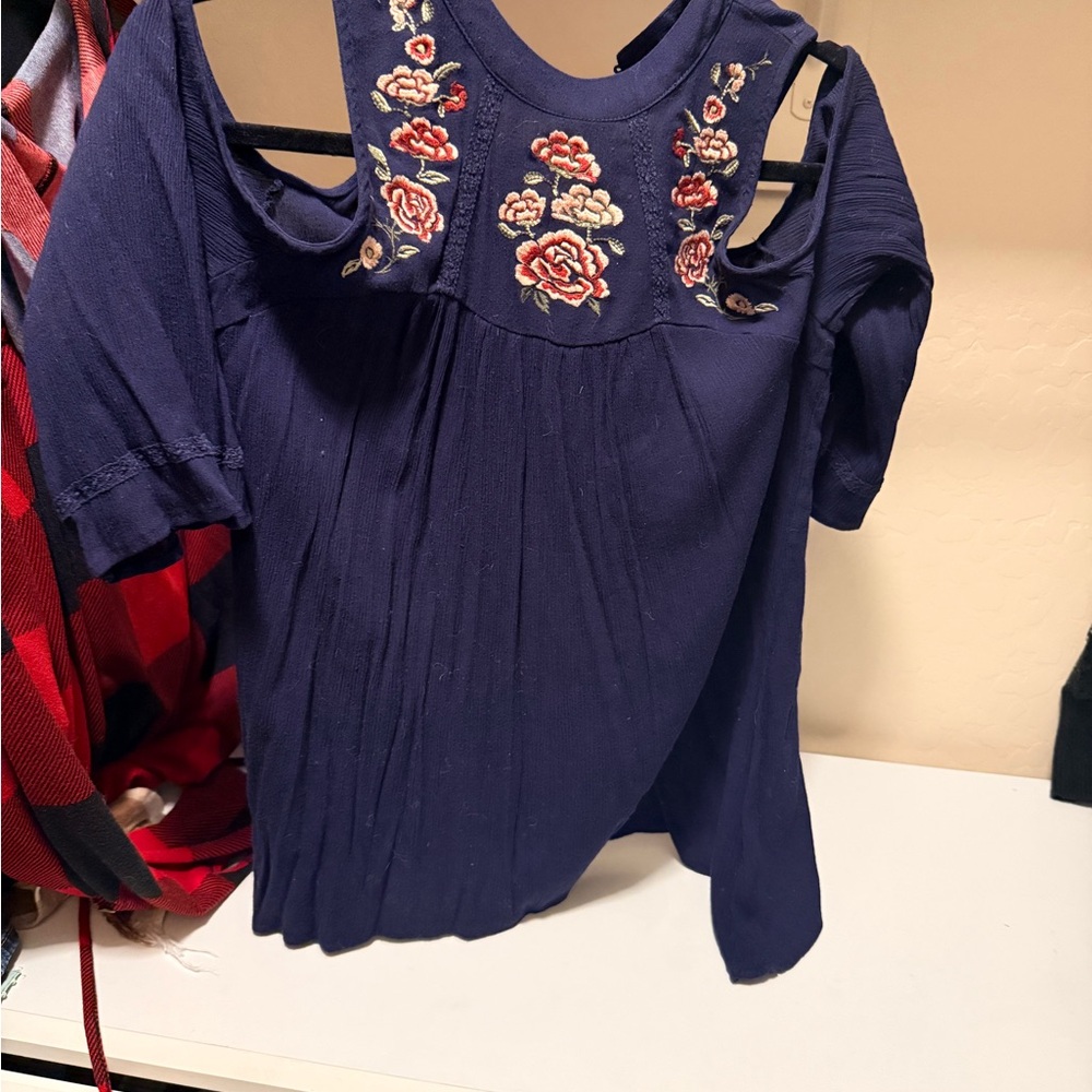 Maurices Navy Blue Blouse with Floral Embroidery
